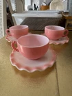 Vintage Hazel Atlas Crinoline Pink Ruffled Milk Glass Teacups & Saucers Set Of 3