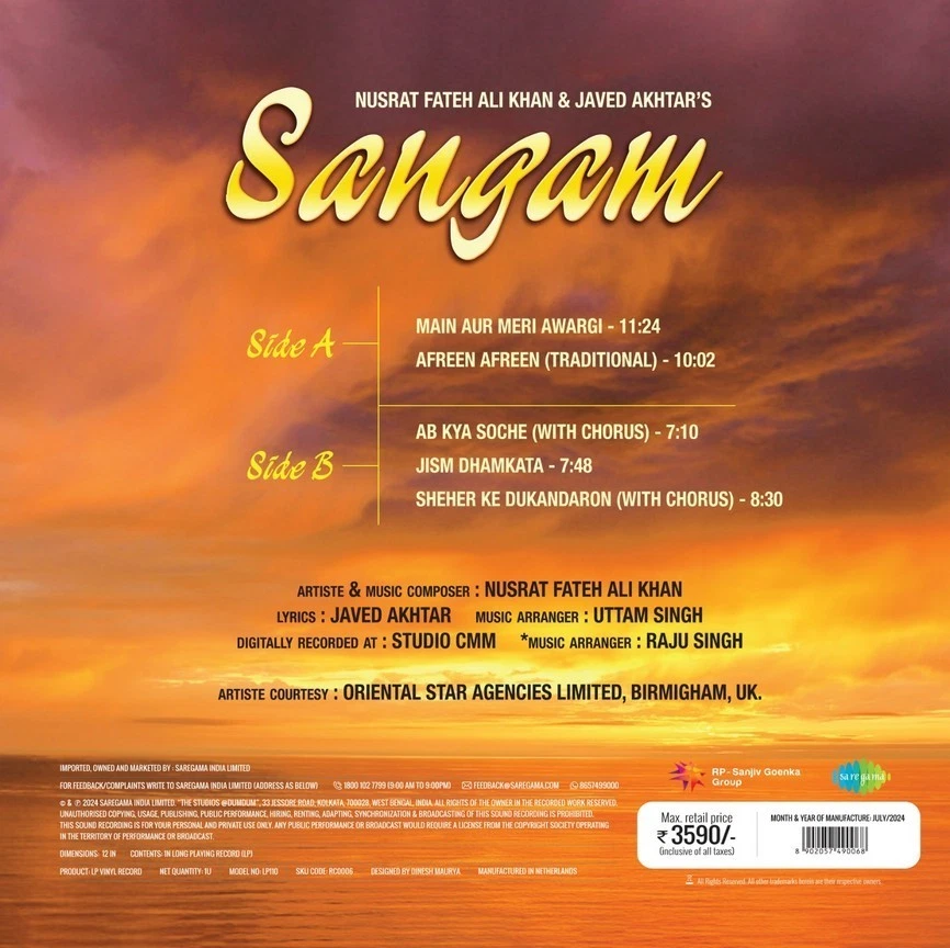 Sangam Nusrat Fateh Ali Khan Javed Akhtar LP Vinyl Record Bollywood Indian Mint - Image 2 of 2