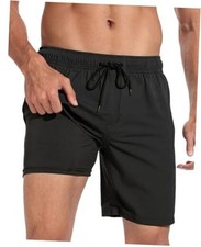 Mens Swim Trunks 7 Inch Quick-Dry Bathing Suit Men 2 in 1 Swimsuit Large Black