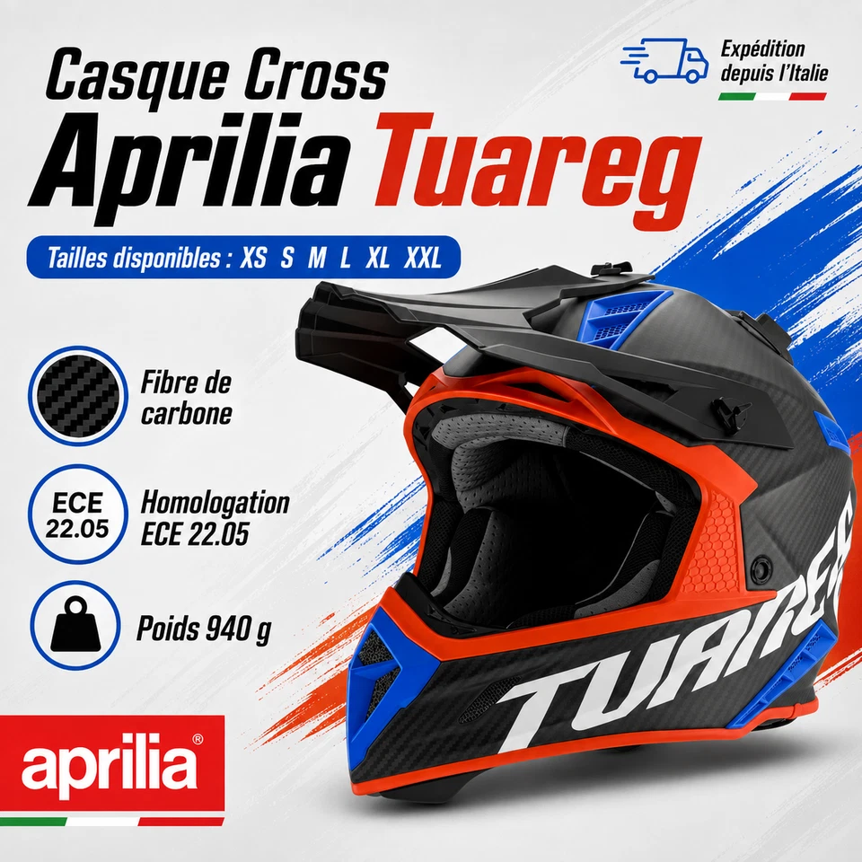 Casque Cross Aprilia Tuareg Fibre Carbone Enduro Motocross ECE 22.05 Neuf - Photo 1/4