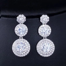 Silver Plated Mirco Pave Cubic Zirconia Women Round Flower Dangle Drop Earrings