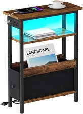 Narrow Side Table with Charging Station and LED Light, End Table