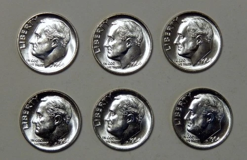 $6.00 UNDER SPOT  ~ Six (6) 1964 Roosevelt 90% Silver Dimes BU .4338 Troy Ounces