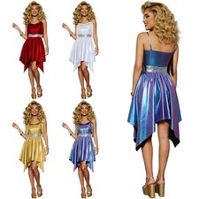 Women's Metallic Fringe Disco Dress 70s Retro Adjustable Straps Asymmetrical Hem