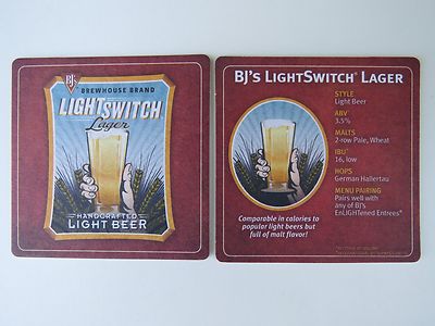 Beer Brewery COASTER ~*~ BJs Brewhouse Brand Lightswitch Handcrafted Light Lager