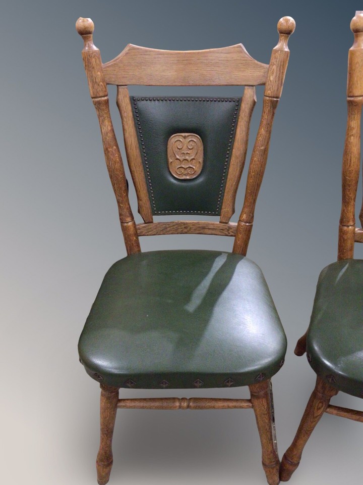 Set of 4 Edwardian Oak and Leather studded Arts & Crafts high back