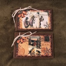 5 NEW Handcrafted Wooden Vintage-Style Christmas Ornaments / Hang Tags Set 1