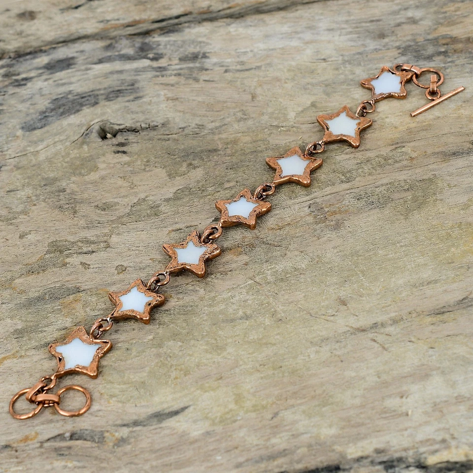 Brazalete de cobre Pentágono madreperla piedras preciosas electroformadas y cadena estrella Foto 2 de 4