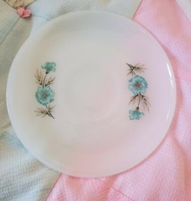 Set of 4 Vintage Fire King Saucers 6" Milk Glass Bonnie Blue Flowers Oven Ware