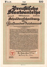 500 Reichsmark 1937 Germany WWII Government Bond (Berlin "E" #09531)