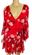 Valencia & Vine 'Stephanie' Red Floral Mini Dress Size S Long Sleeves Low V-Neck