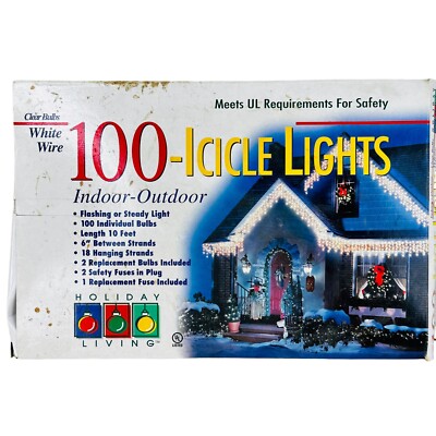 Holiday Living 100 Icicle Lights Flash or steady 10ft clear w white wire