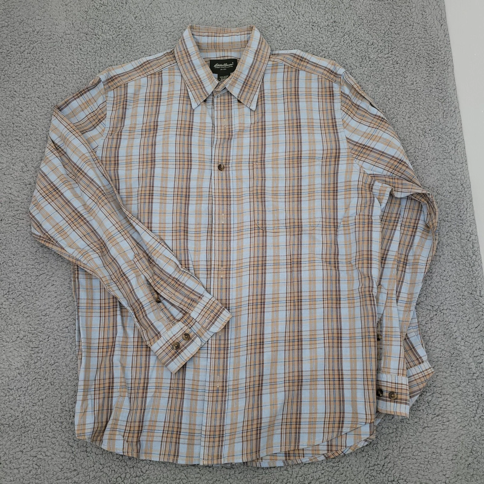 Eddie Bauer Mens Shirt L Multicolor Brown Plaid Long Sleeve Button Up
