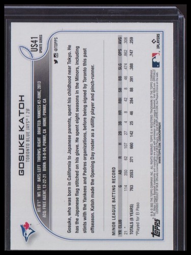 2022 Topps Update #US41 Gosuke Katoh Royal Blue Toronto Blue Jays - Picture 2 of 2