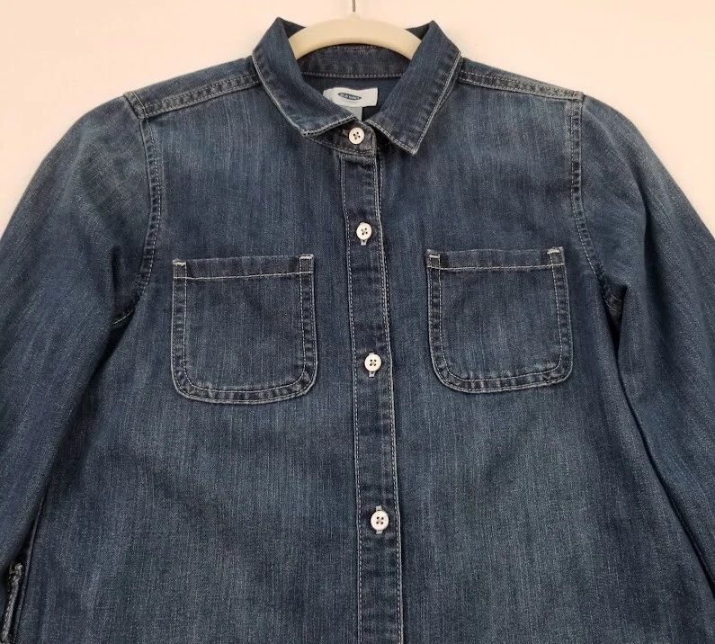 Old Navy Shirt Dress Girl's Large L Blue Long Sleeves Pockets Chambray Casual - Image 2 of 4