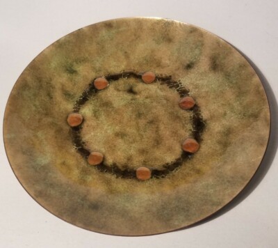 Vtg MCM Enamel on Copper 8'' Green Modernist Plate Robert Wuersch Fall River MA 