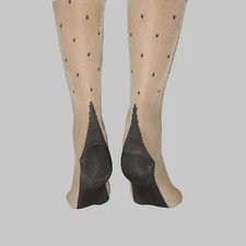 SPANDEX POLKA DOTS SHEER NUDE BLACK CUBAN HEEL THIGH HI STOCKINGS BACK SEAM O/S 