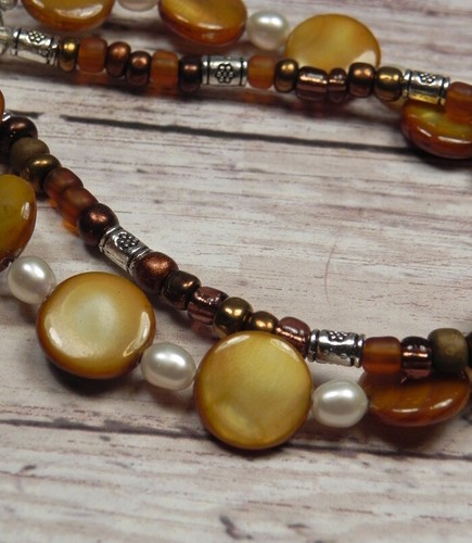 Brown Shell White Pearl Crystal Beaded Bracelet Handmade Two Strand New - Picture 1 of 4