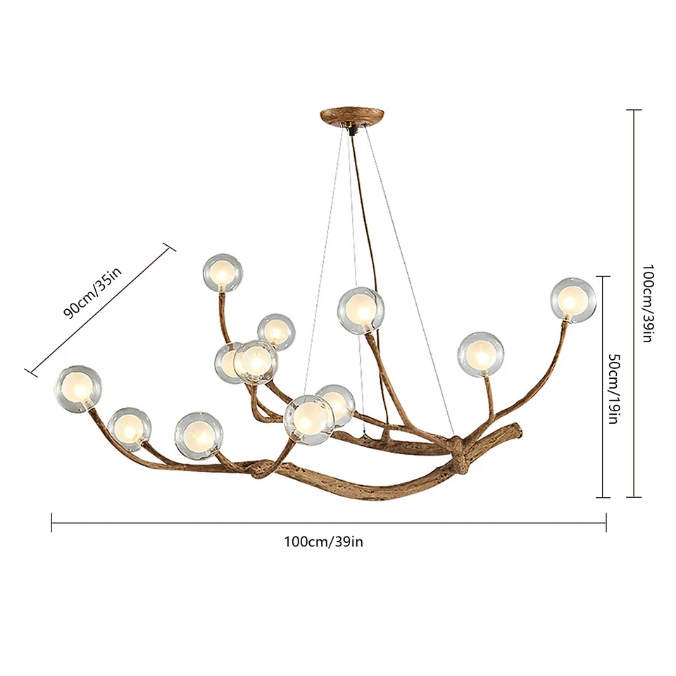 36W Wood Branch Chandelier Glass Bubble LED Pendant Ceiling Light Hanging Lamp - Image 3 of 4