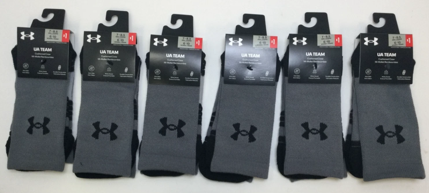 UA Team Cushioned Crew Socks, M 7-8.5, W 6-10, Graphite (6PK)
