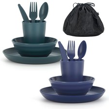 Camping Mess Kit for 2 with Bowl, Plate, Cup, Spoon, Fork, Knife and Carry Bag,