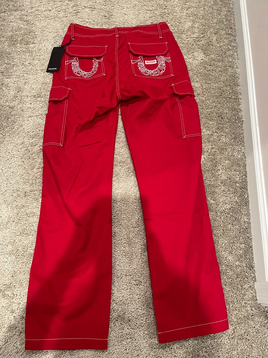 NWT $159 True Religion Cargo Pants Red White Contrast Stitch Mens