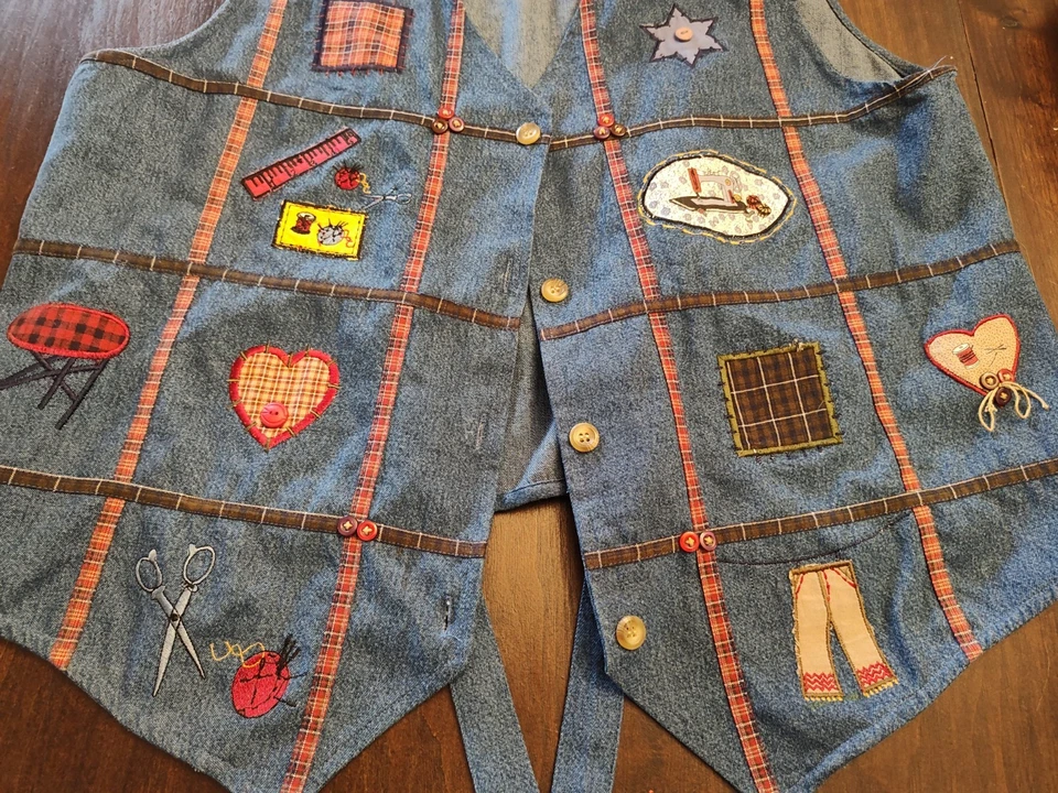 Bobbie Brooks 复古牛仔背心 90 年代绑带缝纫尺寸 L 12/14 — 第 3/4 张图片