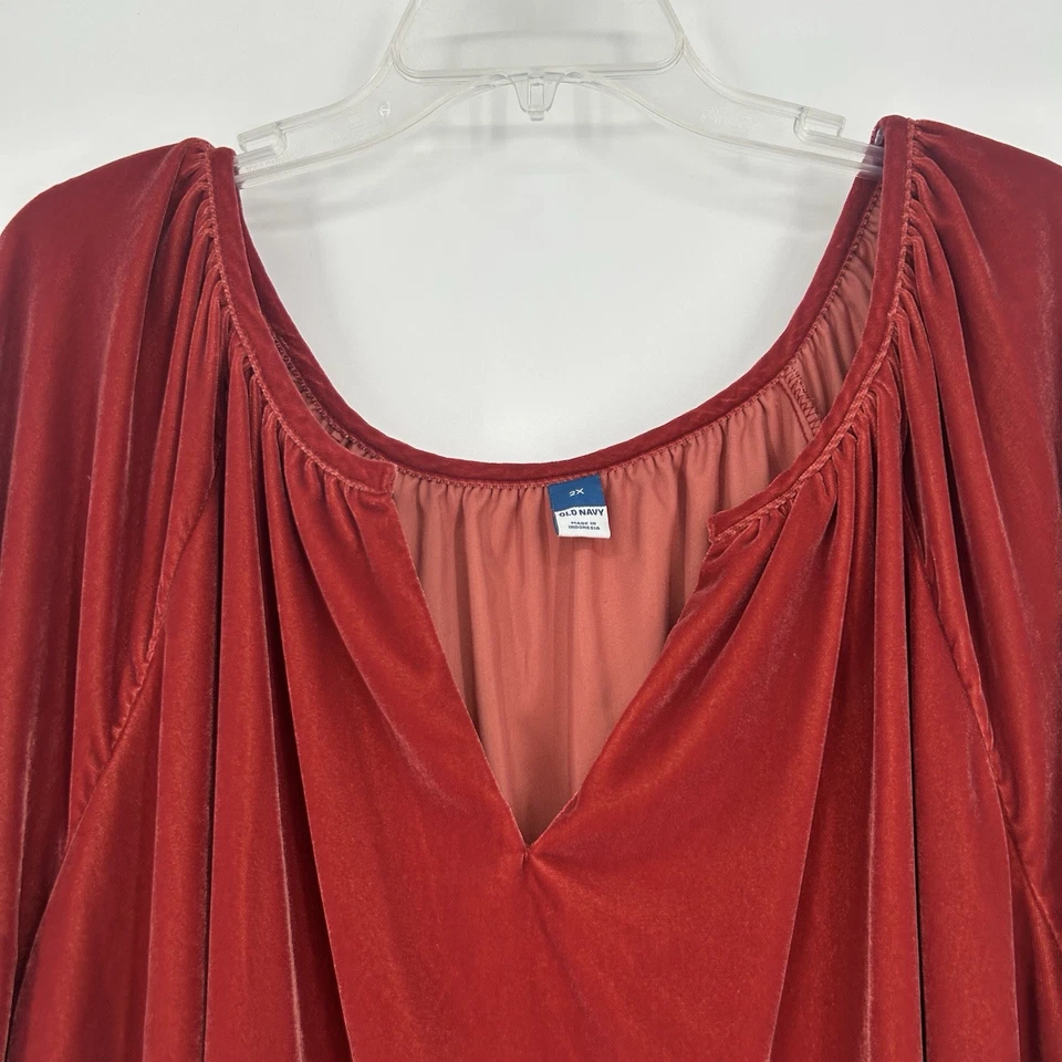 Старый темно-бархатный топ блузка красный короткий воздушный шар рукава крестьянин раздельный вырез размер 2 X - Изображение 2 из 4