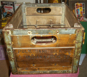 VINTAGE 1939 POLK SANITARY SANI-MILK COMPANY INDIANAPOLIS IN. WOOD & METAL CRATE