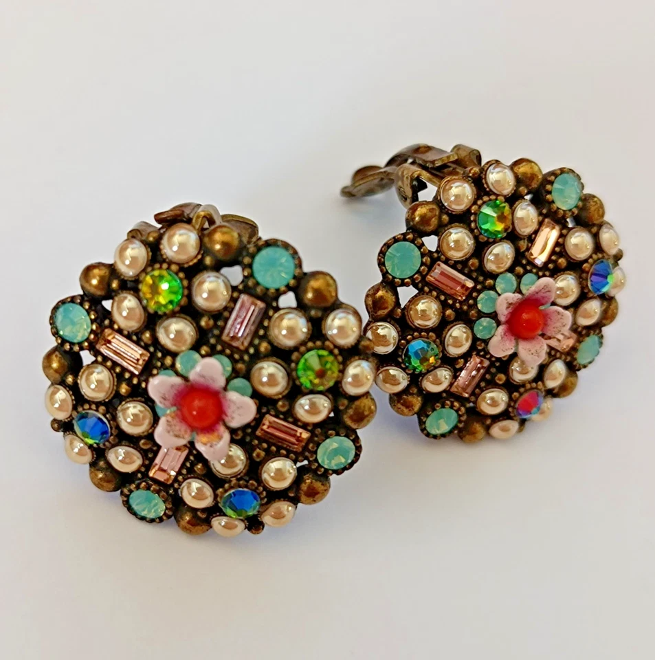 Romantic Michal Negrin Clip Earrings Vintage Floral Button Sparkly Boho Bohemian - Image 3 of 4