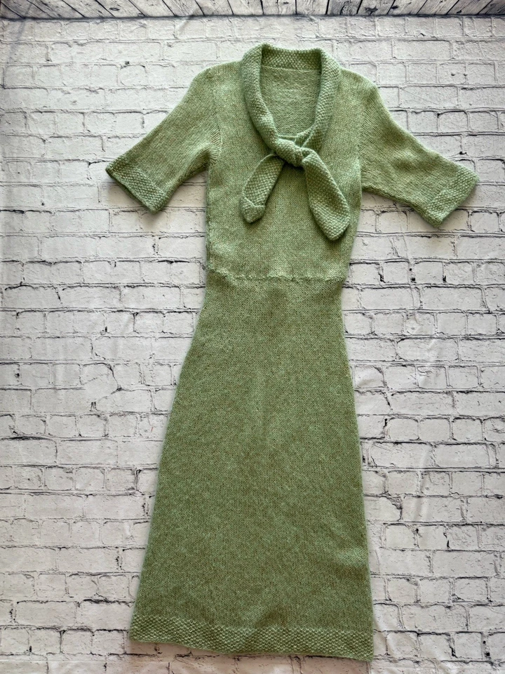 Vestido Lápiz Midi Verde Tejido Vintage Años 70 Mezcla Lana Estilo Secretaria Talla S Foto 2 de 4
