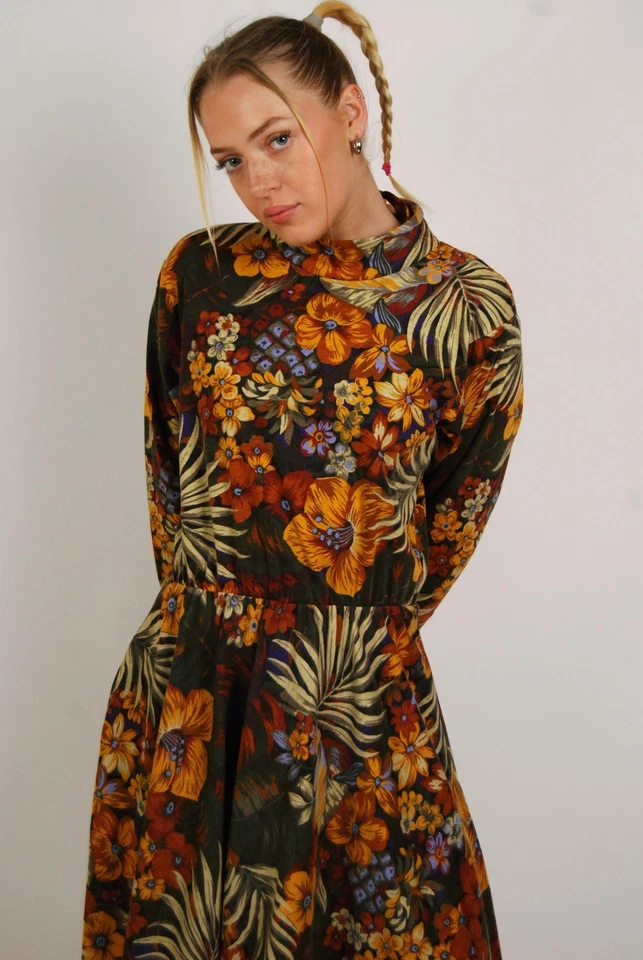 Vestido Floral Años 80 (L) Grande Marrón Vintage Tropical Naranja Cuello Simulado Secretaria Geek Foto 4 de 4