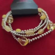 Yellow and Silver Geometric Mismatch Four Strand Stretch Bracelet