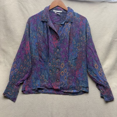 Vtg 80 s Perry Ellis Couture Peacock Feather Blouse 100% Silk 12 L - $380