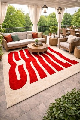 Modern Red Cream CHILL Lettering Graphic Textured Area Rug 6x9 7x9 Bedroom Fluid