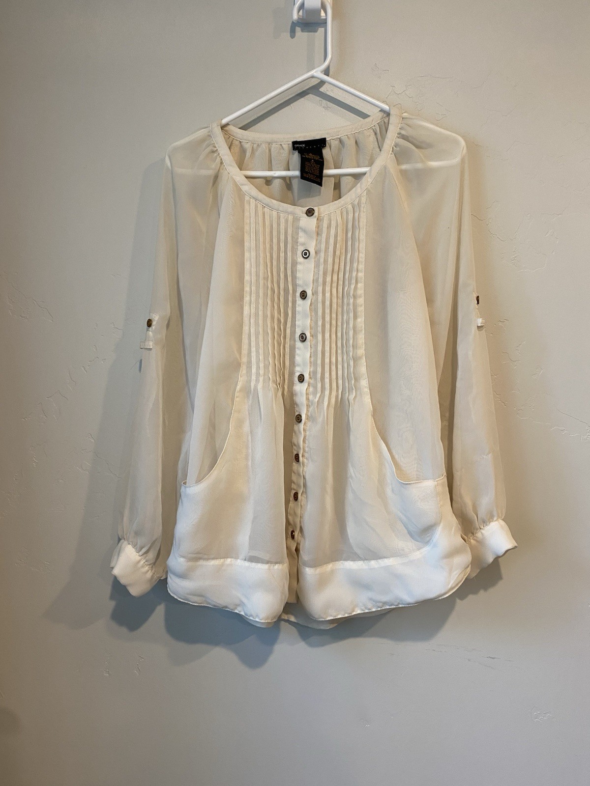 VTG Grace Elements Ivory Blouse Button Front Plea… - image 1