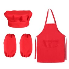 Kids Cooking Set Durable Chef Outfit with Red Apron Hat and Protective Sleeves