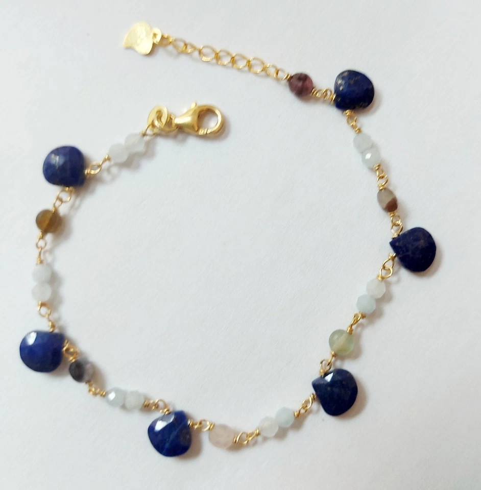 Bracciale in argento 925 dorato oro con acquamarina, tormaline e lapislazzuli  - Immagine 2 di 4