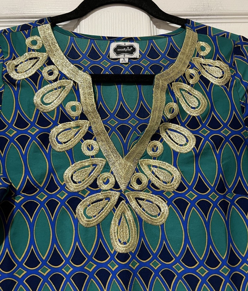 Mud Pie Size Small Corinne Green & Blue Tunic Top with gold embroidery