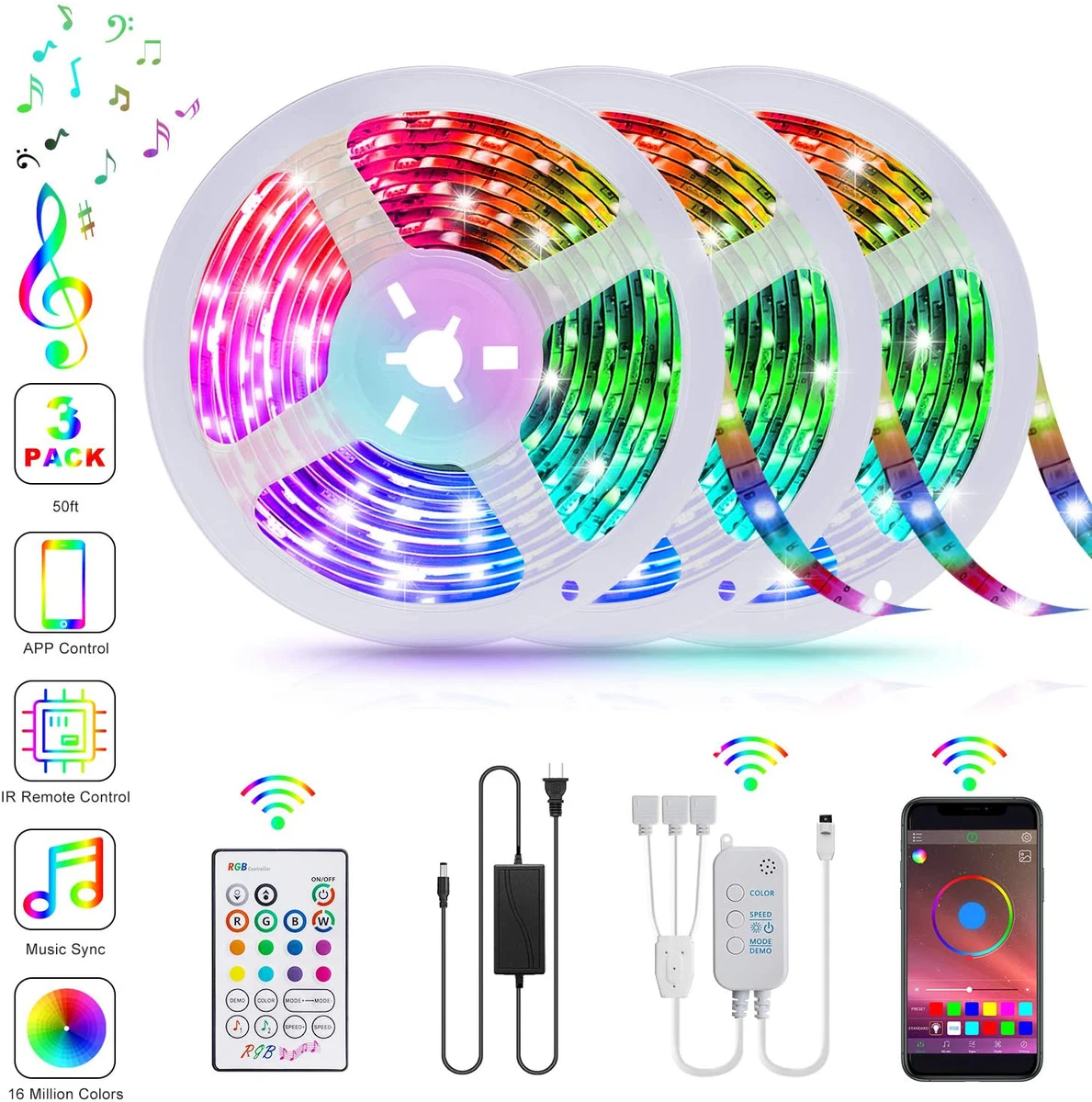 50ft Bluetooth LED Strip Lights, SMD5050 Music Sync LED Lights Strip, RGB  Color Changing LED Lights with Remote,Smart Phone APP Control, LED Lights