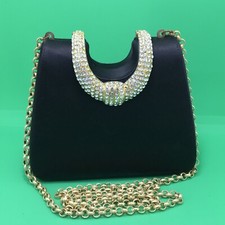 Vintage Black Satin Crystal Embeslished Gold Chain Shoulder Strap Purse Clutch