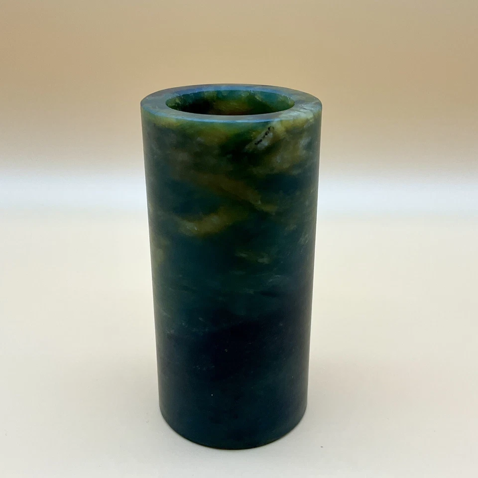 Antique Late 19th C. Qing Dynasty Chinese Small Cylindrical Green Jade Brush Pot - Image 3 of 4