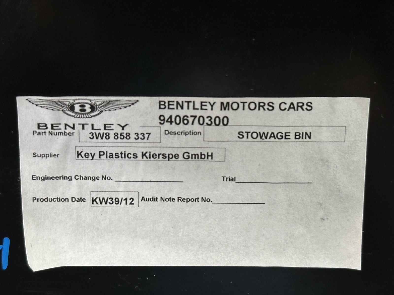 03-18 BENTLEY CONTINENTAL GT REAR FLOOR CONSOLE BLACK 3W8858337
