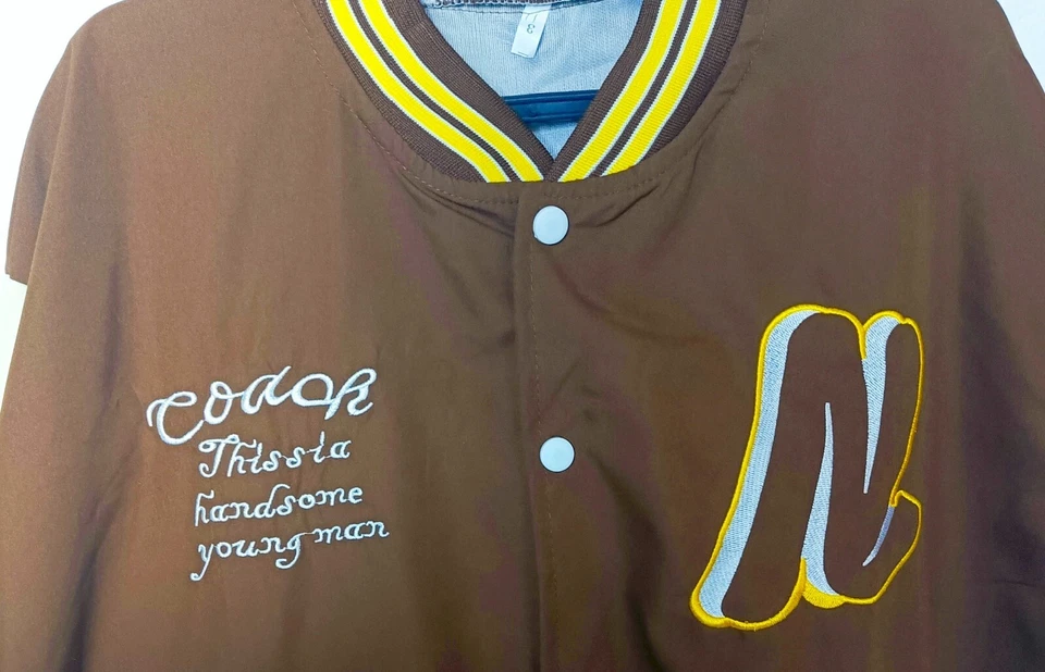 Baseball Jacket Varsity Jacket College Long Sleeve Brown Retro Korean Style XL - Image 3 of 4