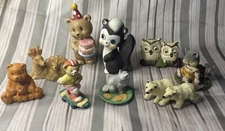 Lot/9 Mini Animal Figurines 1.5”-4”  Owls Deer Bears Cats Skunk Artmark & More