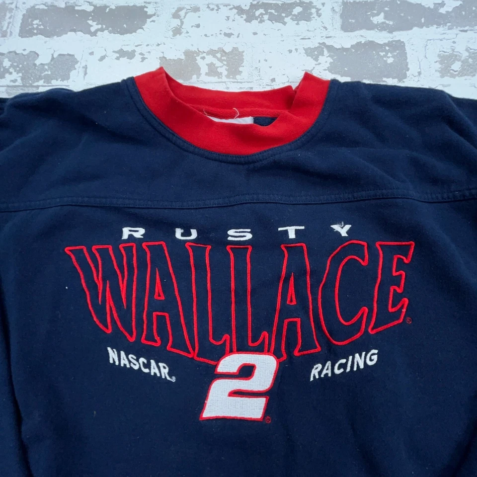 Moletom masculino vintage Nascar XL azul gola redonda suéter enferrujado Wallace anos 90 Y2K - Imagem 3 de 4