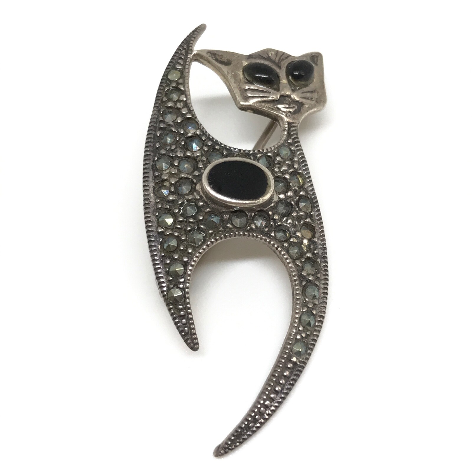 Vintage 925 Sterling Silver Black Onyx Marcasite Kitty Cat Brooch Pin