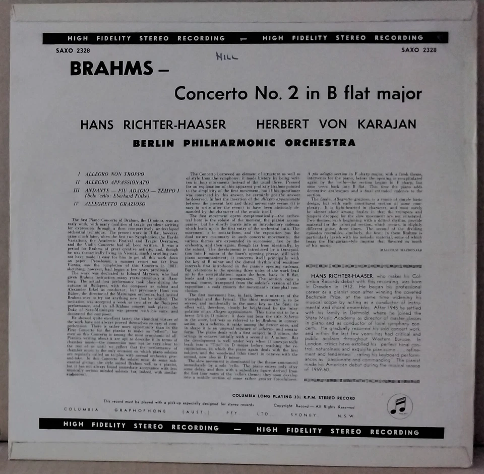 COLUMBIA SAX 2328 AUS ED 1 BRAHMS - PIANO CONCERTO NO.2 RICHTER-HAASER KARAJAN - Image 2 of 3