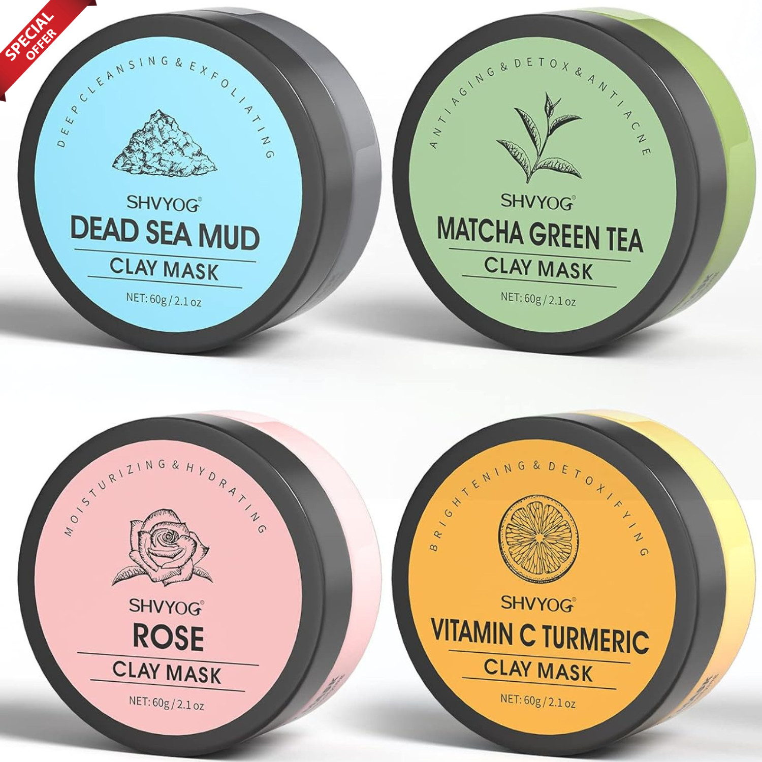 Clay Facial Mask Set Turmeric Vitamin C, Green Tea, Dead Sea Mud, Rose Clay 240g
