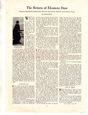 1923 Theatre - The return of Elanora Duse - 2 pages Original print